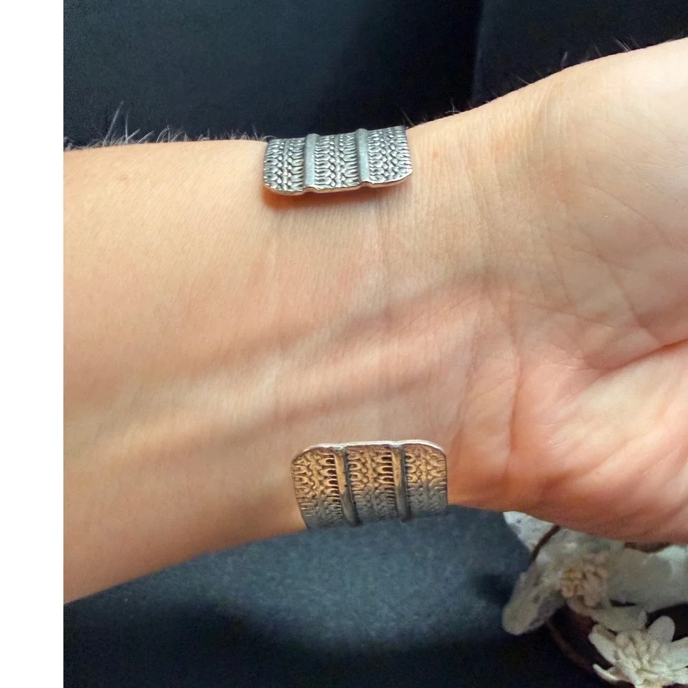 Vintage Silver Tone Textured Ornate Triple Band Open Cuff Bracelet Boho Tribal